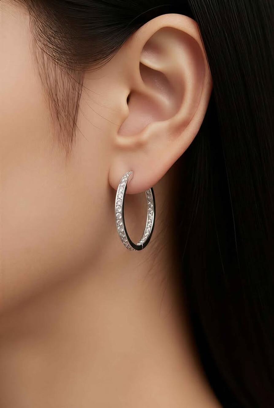 Silver-Toned Rhinestone Hoop Earrings.  1 1/4 inch diameter
